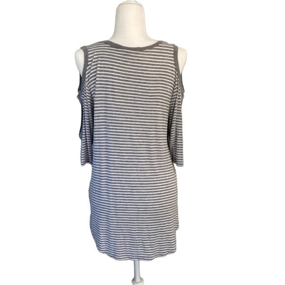 French Laundry V-Neck Stripe 3/4 Short Elbow Sleeve Tunic Tee Top High Low Slits - Picture 7 of 16